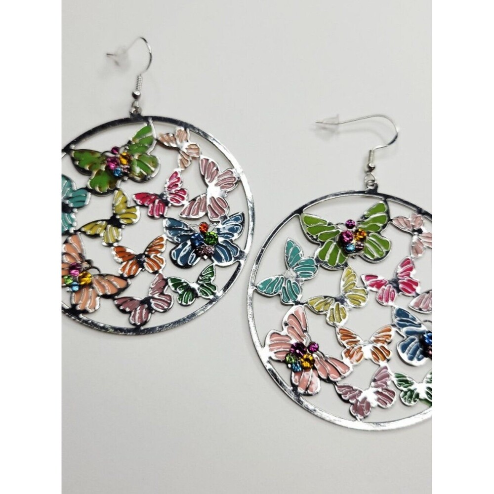Vintage – Enameled Butterfly Large Hoop Earrings Sterling Silver Setting